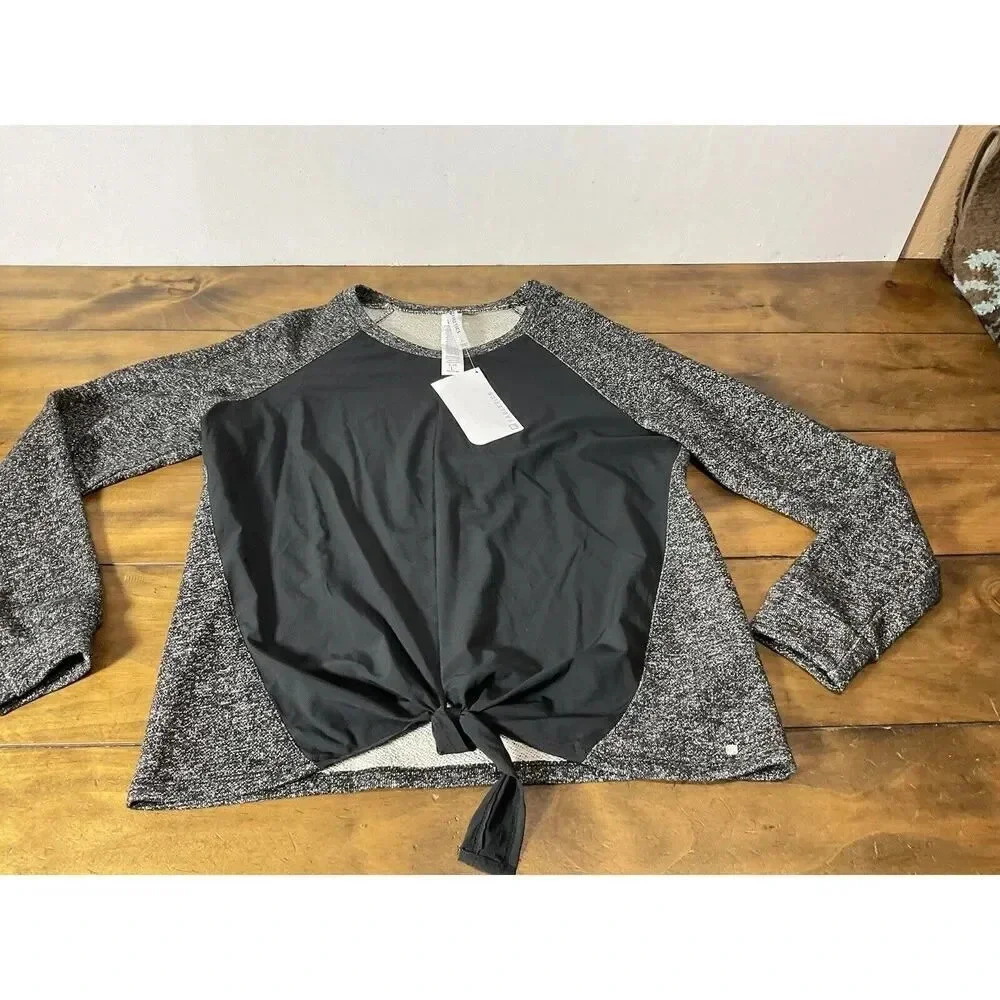 NWT Fabletics Sophia Tied Game Black Tie Long Sleeve Sweater Top Size Large